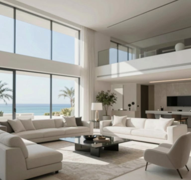 Interior detail of a contemporary luxury villa living room in Algarve, featuring floor-to-ceiling windows and high-end furniture. The design is minimalist and sophisticated. Colors: #B4C5CB and clean whites.
