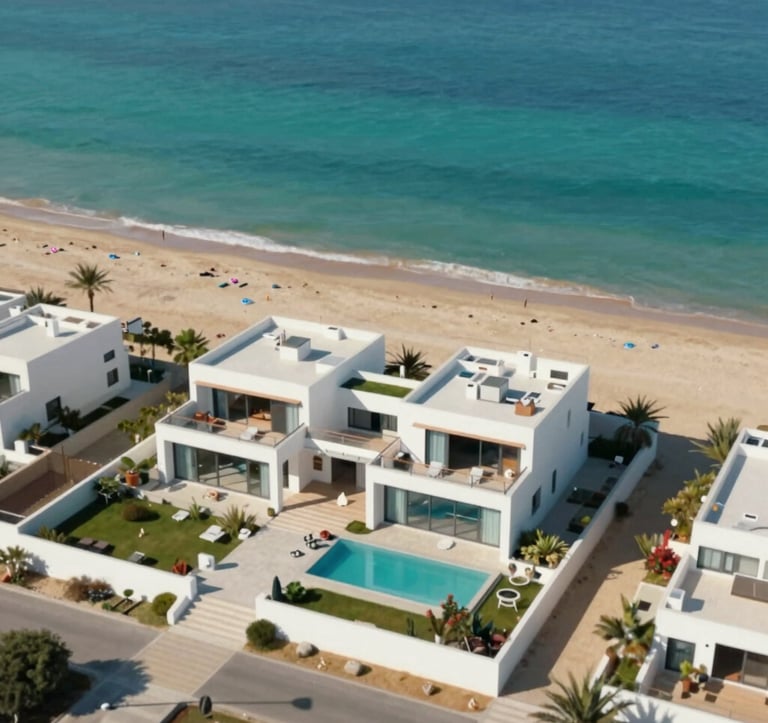 An aerial view of a modern beachfront villa in the Algarve with turquoise water in the background, showcasing the premium real estate locations the company manages, using clean lines and a high-end aesthetic.
