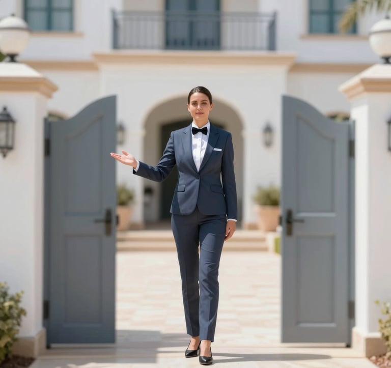 A professional property manager in elegant attire welcoming guests at a luxury villa gate in Algarve. Bright, airy composition, emphasizing trustworthiness and premium service. Palette focus: #F7F9FB and #4A6D7C.
