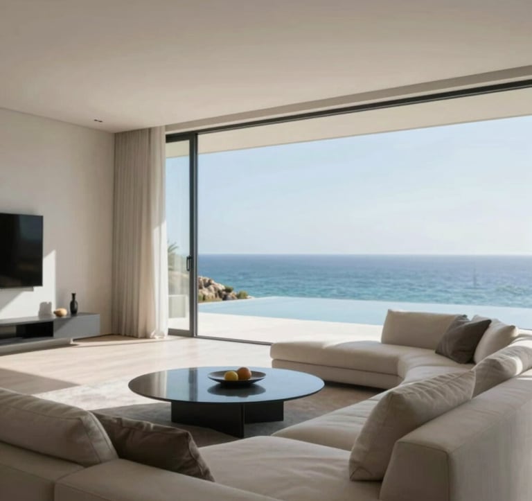Interior view of a modern living room with large glass panels showing the Algarve coast, minimalist decor with luxury textures, bright natural lighting, #F7F9FB backgrounds.
