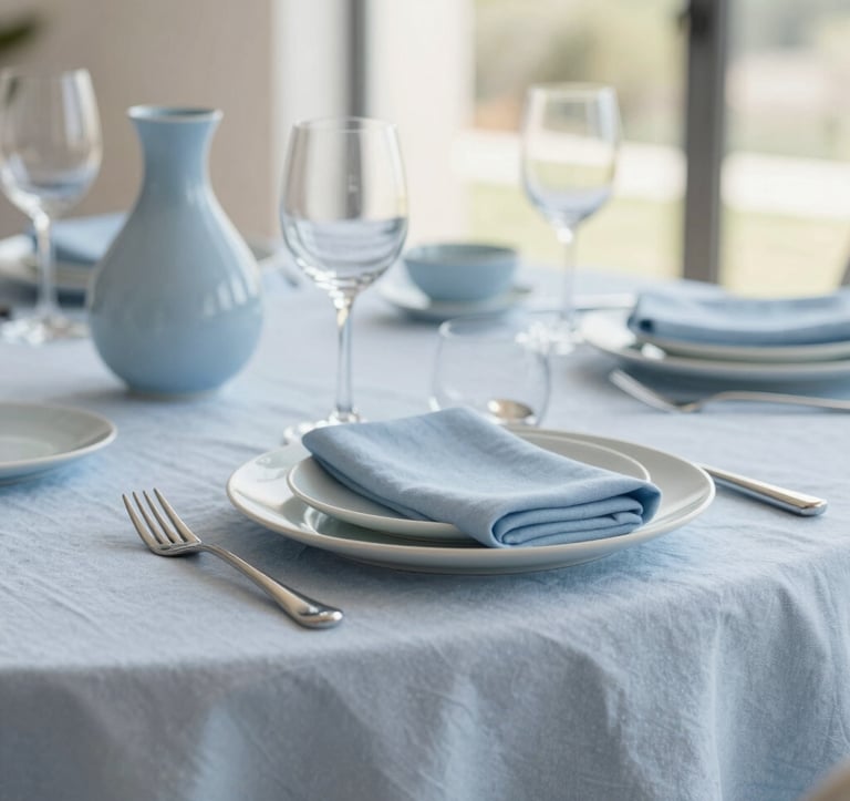 Close-up of a perfectly set dining table in a luxury Algarve villa, featuring high-end linen and minimalist ceramics. Soft morning light, very clean and sophisticated. Colors #B4C5CB and #F7F9FB dominate the scene.