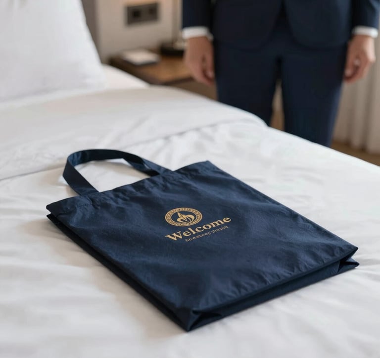 Professional hospitality detail: a perfectly made bed with crisp white linens and a local welcome gift, shot in soft natural daylight, emphasizing the premium property management service and brand mood.