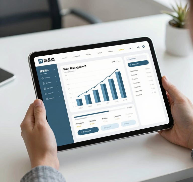 A sophisticated tablet display showing a property management dashboard with rising revenue graphs and high ratings, held by a professional in a minimalist office setting with colors #4A6D7C and #F7F9FB.