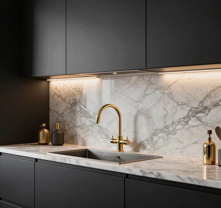 High-end interior photography of a luxury kitchen featuring dark matte black cabinetry and a stunning book-matched marble backsplash. Champagne gold accents on the fixtures catch the warm designer lighting.
