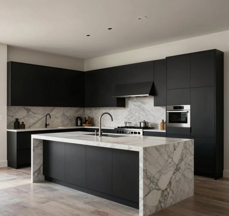 A wide-angle photography shot of a minimalist luxury kitchen in a Californian home. Features a massive marble island, custom matte black cabinetry, and professional-grade appliances under soft, natural architectural lighting.