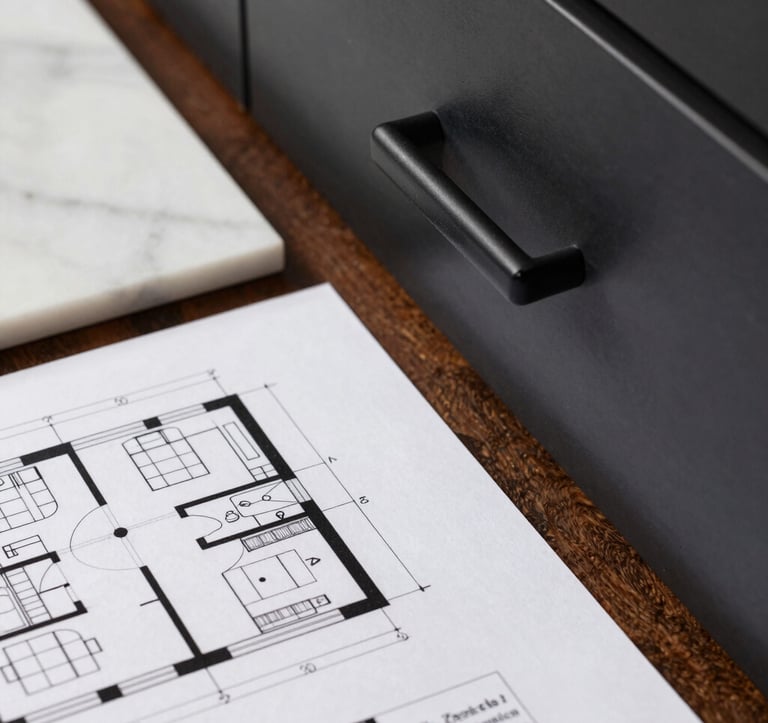 A detailed close-up of an architectural kitchen layout plan in a Los Angeles studio. Beside the plans lie a sample of white marble and a matte black cabinet handle. Professional lighting, precise and sophisticated photography.