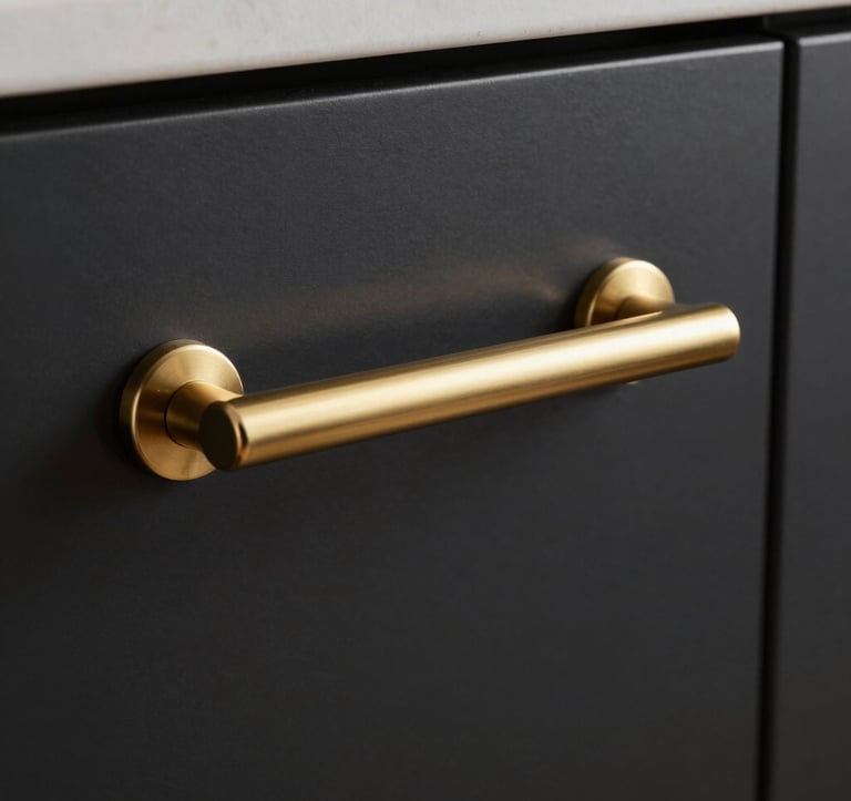 Extreme close-up photography of a champagne gold kitchen handle against a matte black cabinet door. Precision craftsmanship, architectural detail, luxury materials. Soft studio lighting, North American / Californian aesthetic.