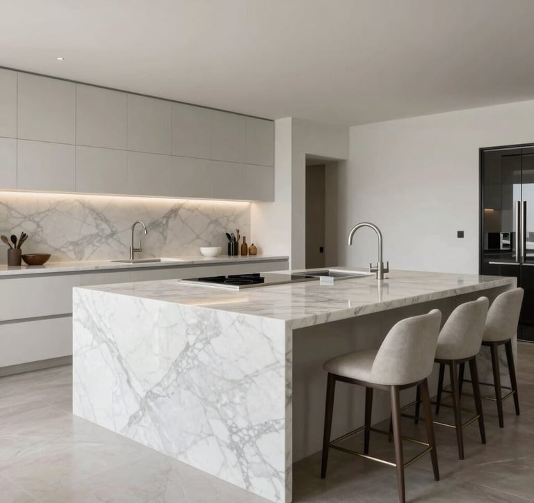 Wide angle shot of a large marble kitchen island in a luxury Los Angeles home. Sleek induction cooktop, minimalist fixtures, and high-end bar stools. Clean lines, architectural precision, North American / Californian interior.