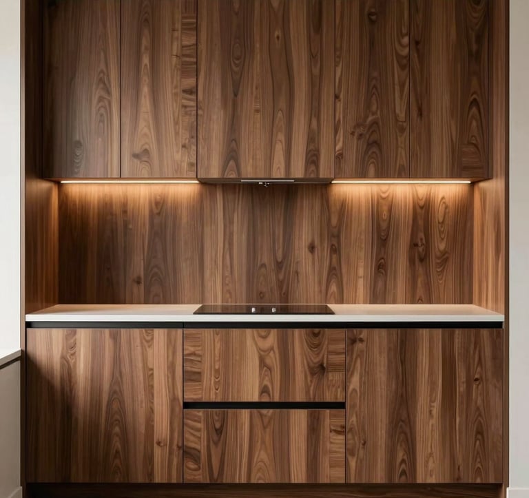 Detailed shot of bespoke kitchen cabinetry with a smooth walnut finish and integrated LED accent lighting. The composition is symmetrical and clean, reflecting architectural precision and premium craftsmanship.