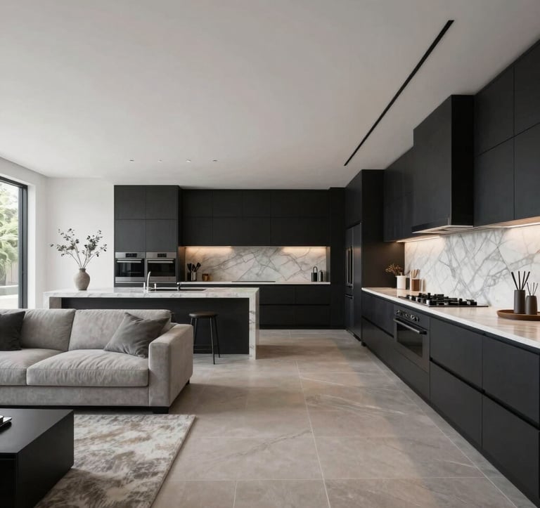 An interior shot of an open-concept living area and kitchen in a high-end Los Angeles residence. The space features clean lines, architectural symmetry, and a palette of matte black, marble gray, and white.