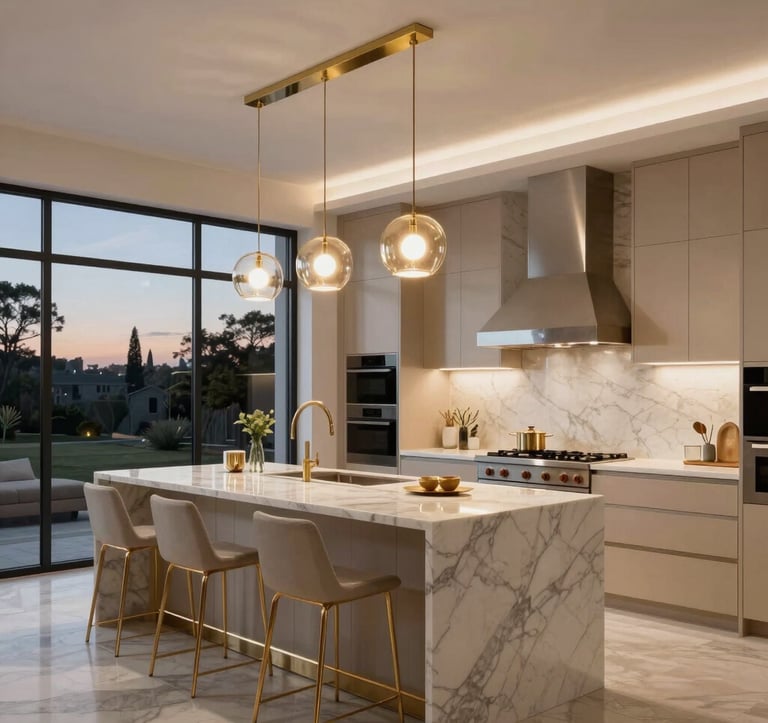 Atmospheric photography of a modern luxury kitchen at dusk. Designer pendant lighting over a marble island, champagne gold accents, and architectural cabinetry. Elegant, sophisticated North American / Californian living space.