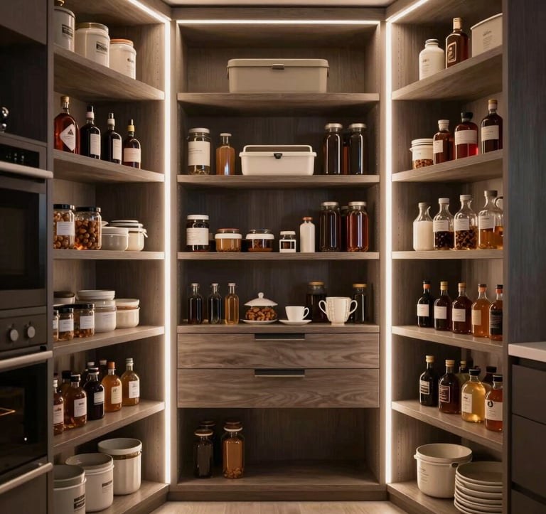 A detailed shot of a luxury walk-in pantry with integrated LED lighting and custom shelving. The organization is geometrically perfect, showing an architectural approach to storage within a premium kitchen environment.