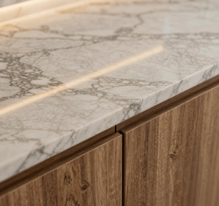 A close-up macro photograph of a vein-matched marble countertop meeting a custom wood cabinet. The focus is on the precision joinery and the rich textures of the natural materials, illuminated by champagne gold accent lighting.