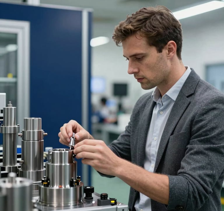 A professional in an International / Business setting, wearing business casual attire, inspecting high-quality manufactured components in a clean, modern factory environment with deep navy blue accents.