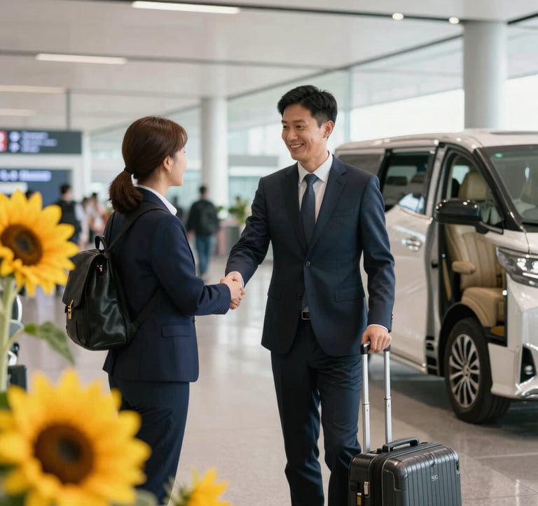 A professional traveler being greeted at a modern airport in an International / Business setting, with a chauffeur holding a sign, bright and welcoming atmosphere with vibrant sunflower yellow highlights.
