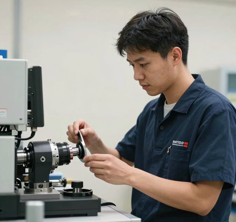 Photography of a quality control expert in a bright warehouse checking a mechanical part, clean Soft Off-White background, focused lighting, International / Business environment.