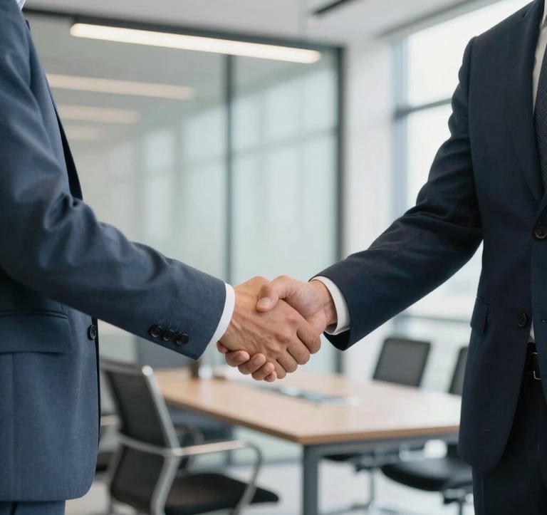 Photography of two business professionals shaking hands in a bright, modern corporate office with Muted Steel Blue and Midnight Navy Blue accents, International / Business workspace.