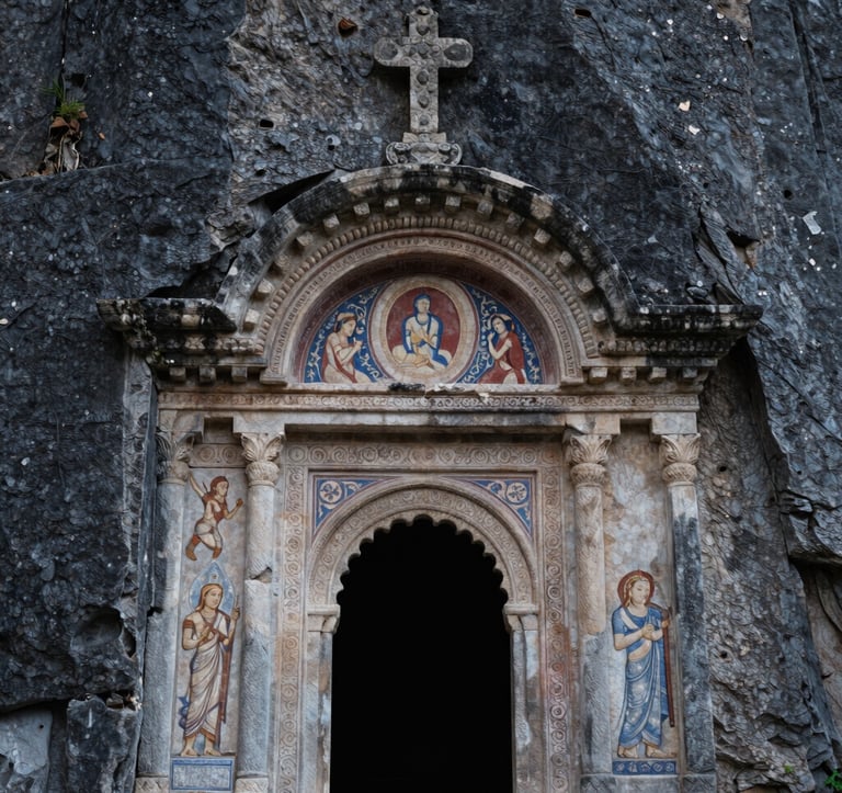 A close-up of the ancient stone entrance and intricate frescoes of the Sumela Monastery, carved directly into the dark grey cliffside of the Pontic Mountains, Eastern European / Turkish historical landmark, soft natural light.