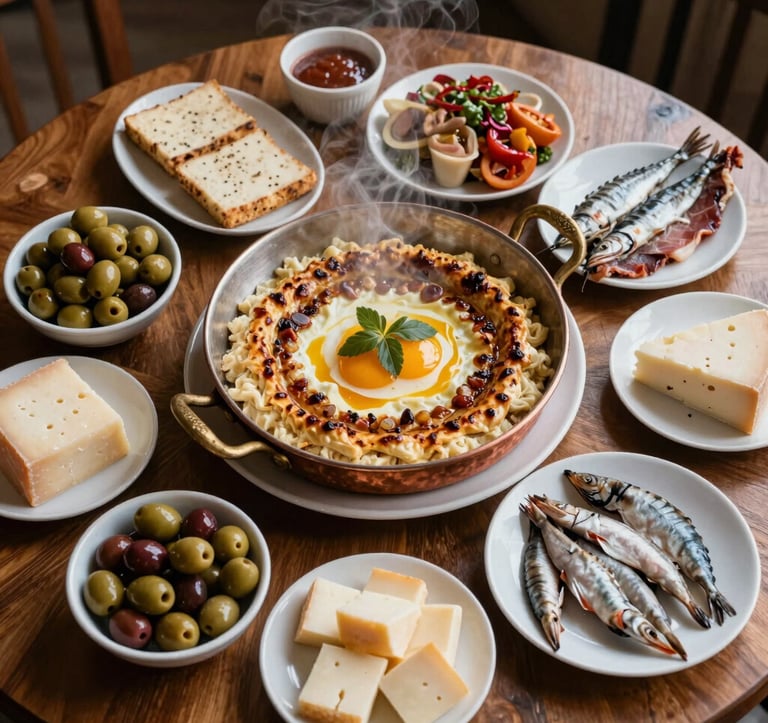 A top-down view of a traditional Turkish breakfast and lunch spread in Trabzon, featuring steaming Kuymak in a copper pan, fresh olives, local cheeses, and Black Sea hamsi, on a wooden table, Eastern European / Turkish culinary scene.