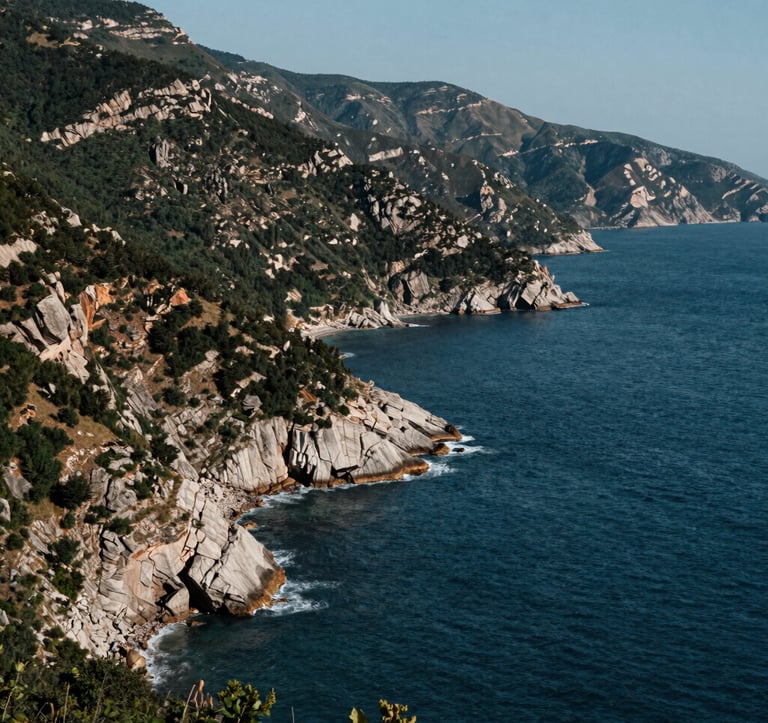 A wide-angle landscape shot of the rugged Black Sea coastline in Trabzon, where dark blue waters meet steep, forested hillsides. Bright midday sunlight highlights the natural textures of the landscape, capturing the adventurous spirit of the region. Eastern European / Turkish setting.