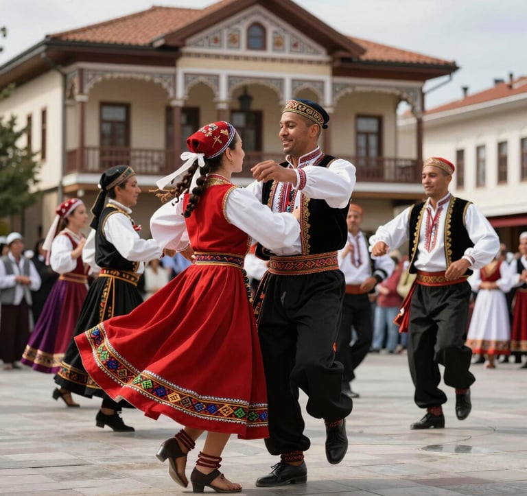 An action shot of a group of performers in traditional Black Sea attire performing the Horon dance in a public square in Trabzon, featuring vibrant costumes and Eastern European / Turkish architectural details in the background, daytime light.