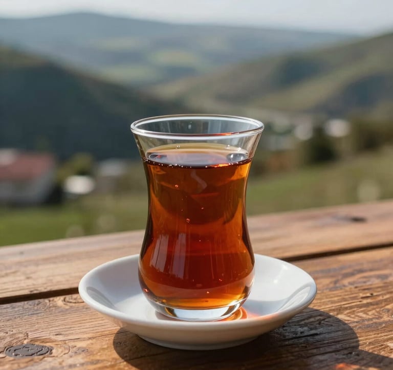 A close-up photograph of a traditional Turkish tea service on a wooden table overlooking a valley in Trabzon. The warm amber tea in a tulip-shaped glass glows in the afternoon sun, representing local relaxation and culture. Eastern European / Turkish setting.