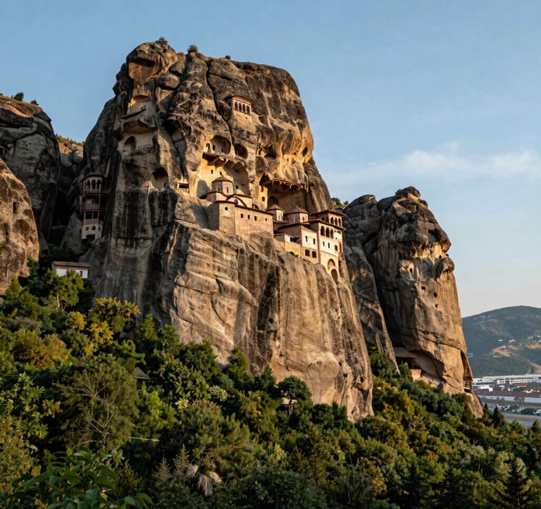 Stunning photography of the Sumela Monastery, an Eastern European / Turkish architectural marvel carved into a steep cliffside, surrounded by the emerald green trees of Altindere National Park under a sky blue morning atmosphere.