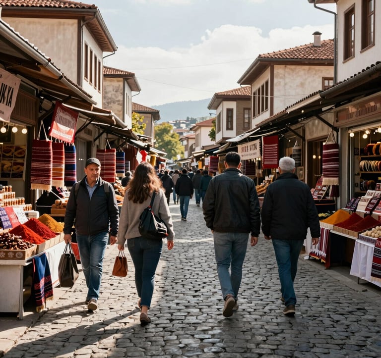 A vibrant street scene in Trabzon, Turkey, showing Eastern European / Turkish people walking through a cobblestone marketplace with stalls selling red spices and local textiles, captured in bright, natural afternoon lighting.