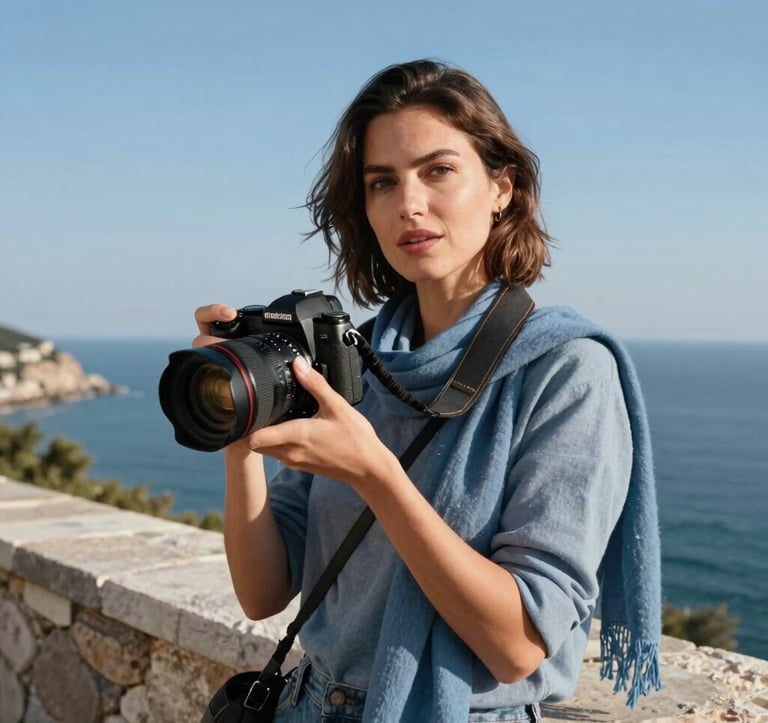 A medium portrait of a travel photographer, female, Eastern European / Turkish, holding a professional camera and wearing a muted blue scarf. She stands on a stone terrace overlooking the Black Sea coastline under a sky blue sky, looking inspired.