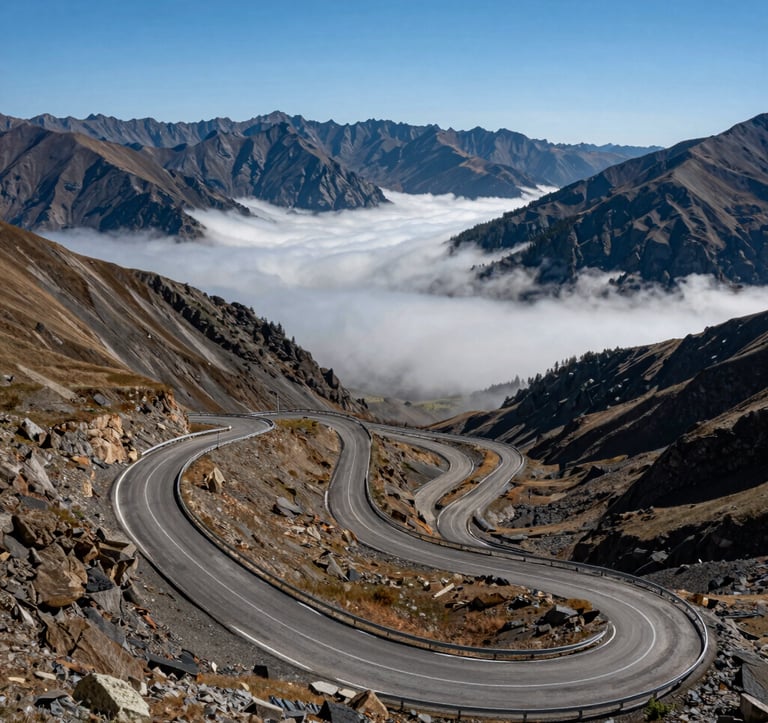 A breathtaking photograph of a winding mountain road in the Pontic Alps near Trabzon, Turkey. The road disappears into a valley of clouds, with a sky blue horizon and sharp charcoal-colored peaks in the background.
