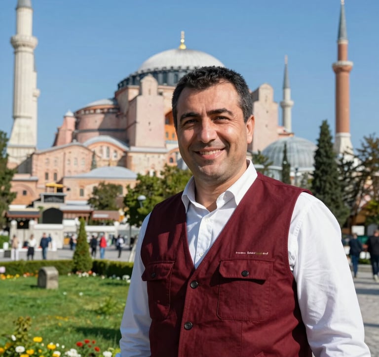 A portrait of a local male travel guide, Eastern European / Turkish, smiling warmly while wearing a dark red vest. He is standing in front of the historic Hagia Sophia Mosque in Trabzon, with vibrant green gardens and a clear sky blue background.