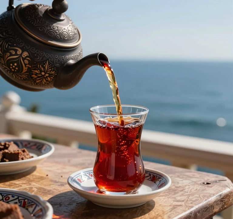 A close-up photography shot of traditional Eastern European / Turkish tea being poured into a tulip-shaped glass on a balcony overlooking the deep sky blue waters of the Black Sea. Warm sunlight glows against the red and charcoal colors of the tea set.