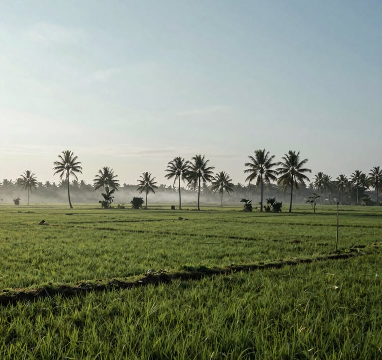 A vast plot of green fertile land with palm trees in a serene Southeast Asian / Indonesian countryside, clear morning sky, professional architectural land photography style, featuring Misty Sage and Arctic Mist tones.