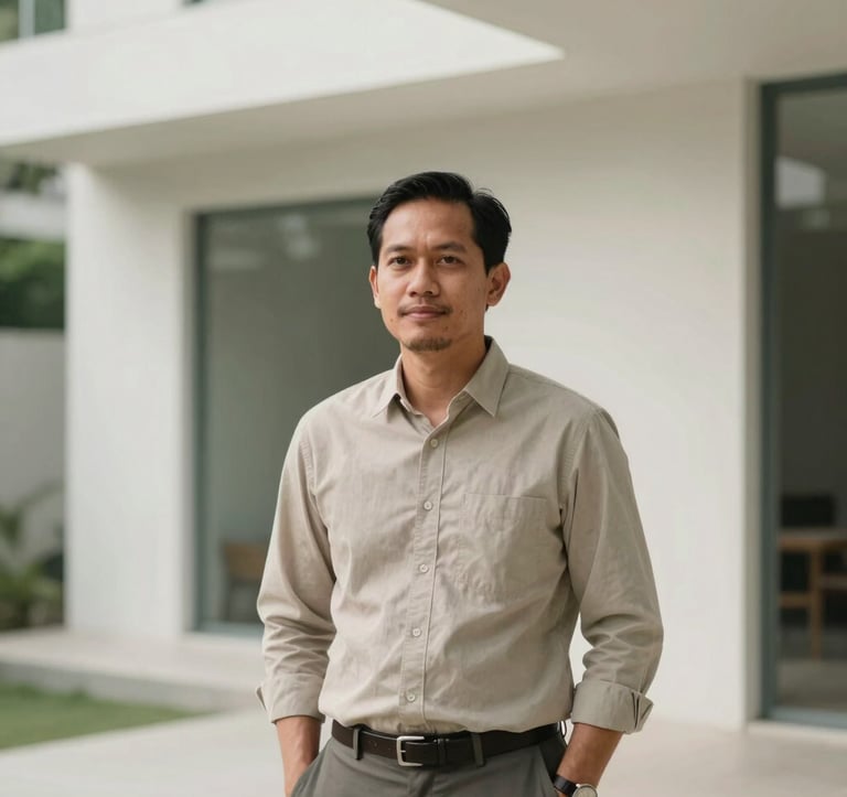 A professional man in business casual attire, a Southeast Asian / Indonesian property consultant, standing in front of a minimalist architectural project. The scene uses soft off-white lighting with muted sage green accents, conveying trust and reliability.