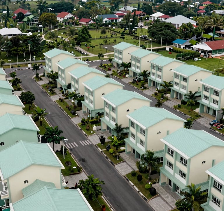 A wide photography shot of a well-planned residential community in a Southeast Asian / Indonesian valley. The image shows wide paved roads, underground utilities, and landscaped public parks. The composition is balanced and professional, featuring muted seafoam green and pale mint cream colors in the architecture.