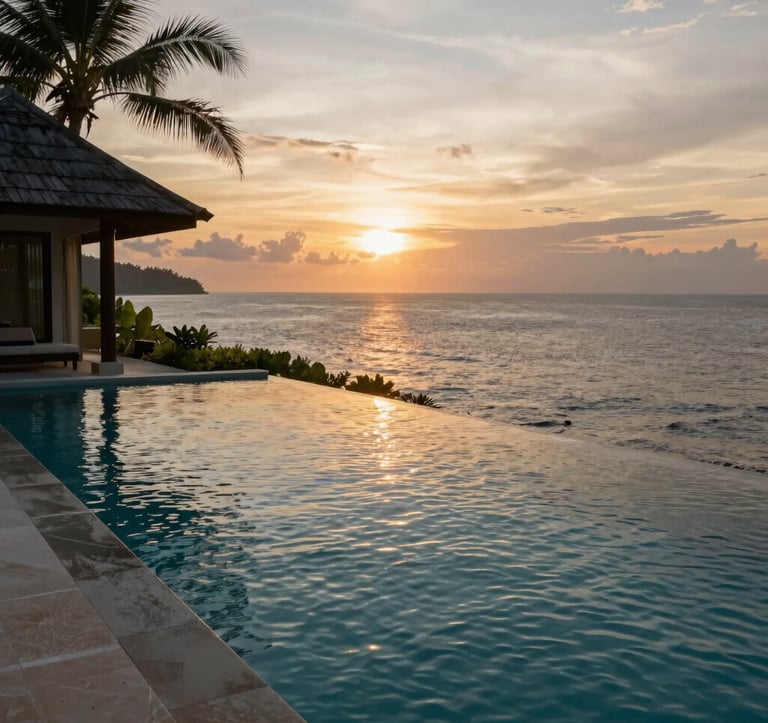 An infinity pool overlooking the ocean at a luxury villa in a Southeast Asian / Indonesian coastal area, sunset lighting reflecting off the water, premium and serene atmosphere, Deep Pine Green accents, high-end travel photography.
