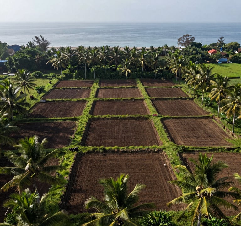 Aerial photography of a series of well-defined land plots in a lush, green coastal region of Southeast Asia / Indonesia. The soil is dark and fertile, surrounded by Deep Green palms and the distant shimmer of a Sage Mist colored sea.