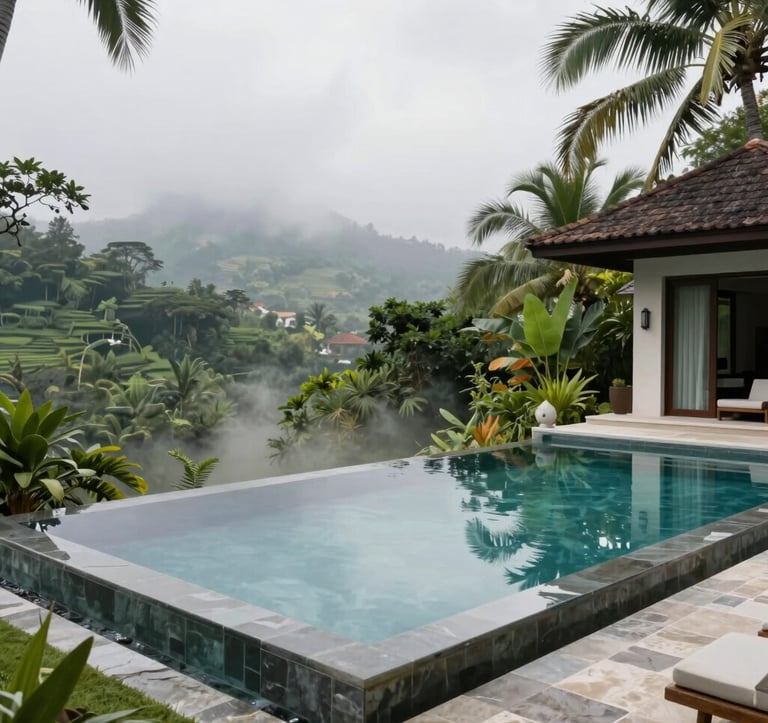 A high-end photography of a luxurious private villa's infinity pool reflecting a Pale Mist sky. The pool is surrounded by Deep Green tropical foliage and Sage Mist stone tiling, set in a peaceful Southeast Asian / Indonesian valley background.