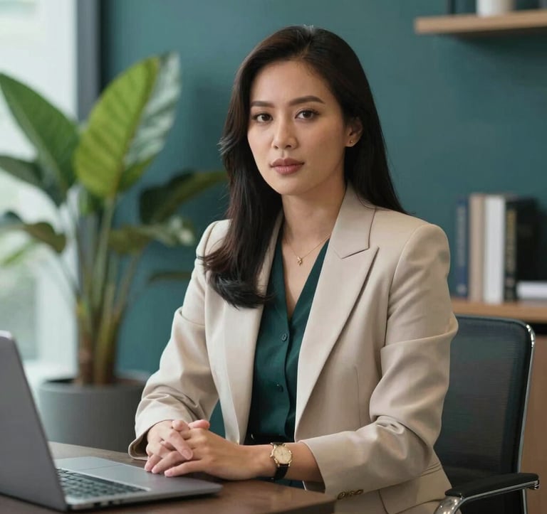 A professional woman in elegant attire, a Southeast Asian / Indonesian real estate expert, sitting in a bright, modern office with dark teal accents and botanical elements, looking confident and helpful.