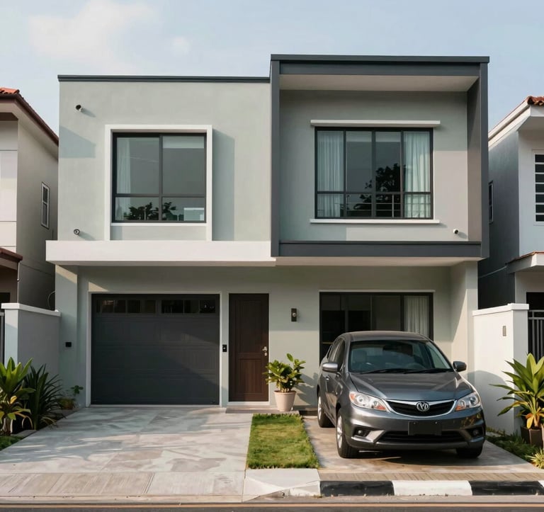 A clean, eye-level photograph of a modern residential home exterior. The house features Sage Mist walls, minimalist architecture, and large windows. A family car is parked in a driveway in a quiet, upscale Southeast Asian / Indonesian neighborhood.