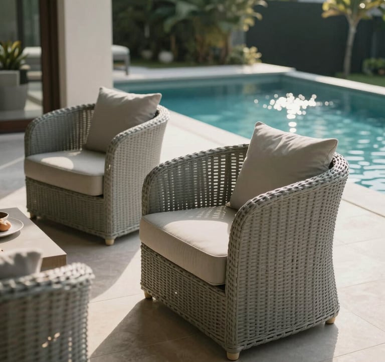 Close-up photography of an elegant villa terrace in a Southeast Asian / Indonesian setting. The terrace features high-end furniture in soft sage grey and a view of a sparkling private pool. The mood is sophisticated and tranquil, with soft morning sunlight highlighting the premium materials.