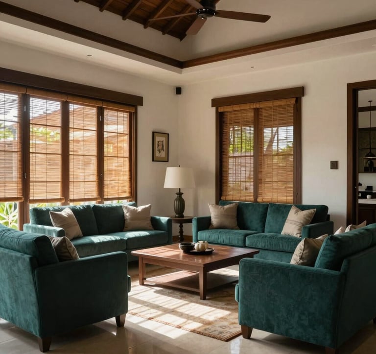 Interior shot of a sophisticated living room in a Southeast Asian / Indonesian villa. Dark Forest Teal furniture accents contrast with Pale Mist walls. Sunlight filters through bamboo blinds, highlighting a modern and airy layout.