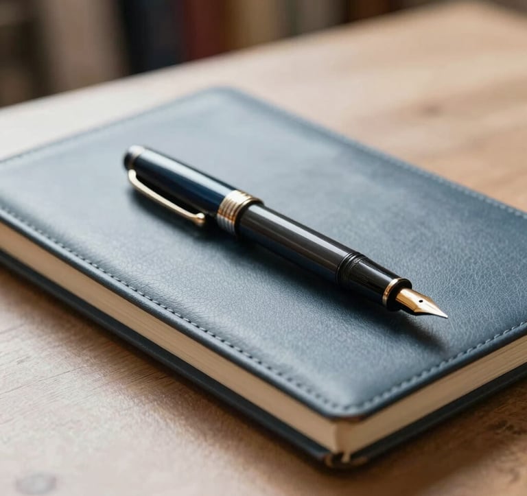 A close-up photograph of a fountain pen resting on a leather-bound notebook inside a quiet, sunlit Luxembourgish library. Minimalist composition, soft natural light, conveying a sense of heritage and meticulous planning. Colors include light grey-blue and deep navy tones.