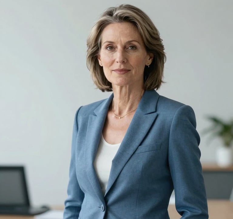 A high-end professional portrait of a senior financial strategist in her 50s. She is wearing a tailored slate blue blazer. The background is a blurred, bright, minimalist office in Luxembourg with pale grey walls and soft natural light. The expression is confident and trustworthy.