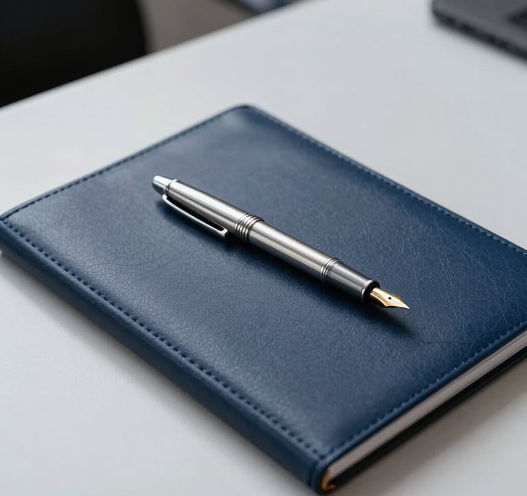 A close-up shot of a sophisticated, minimal desk arrangement in a Luxembourgish office. A high-end silver fountain pen rests on a leather document folder. The color palette is composed of navy blue and light grey, suggesting discretion and order.