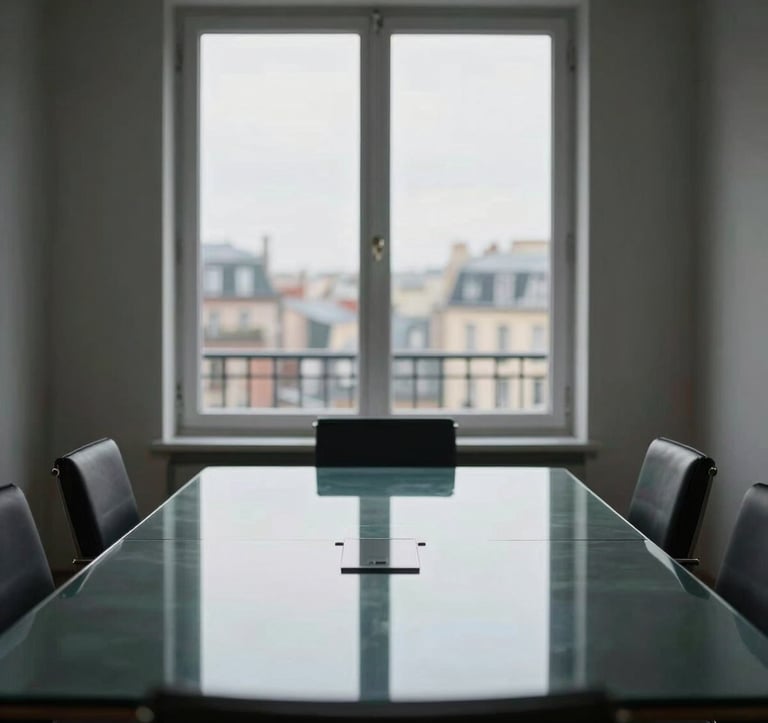 An interior shot of a minimal and elegant private conference room. A glass table reflects soft light from a window overlooking a Western European city. No people are present, emphasizing a mood of calm authority and private focus.