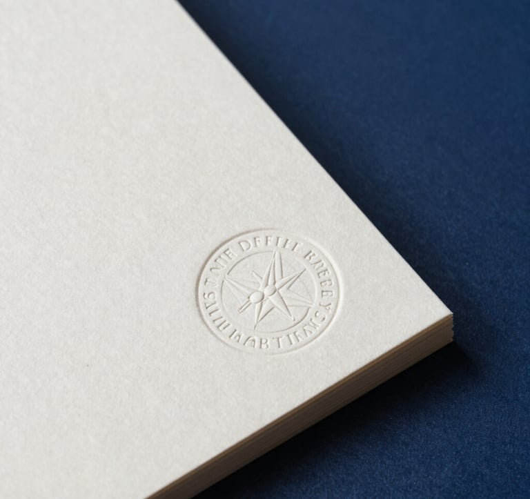 A macro photograph of high-quality, textured stationery with a subtle embossed seal. The composition is clean and architectural, utilizing light and shadow to create a sense of depth and authority. Off-white and deep navy color scheme.