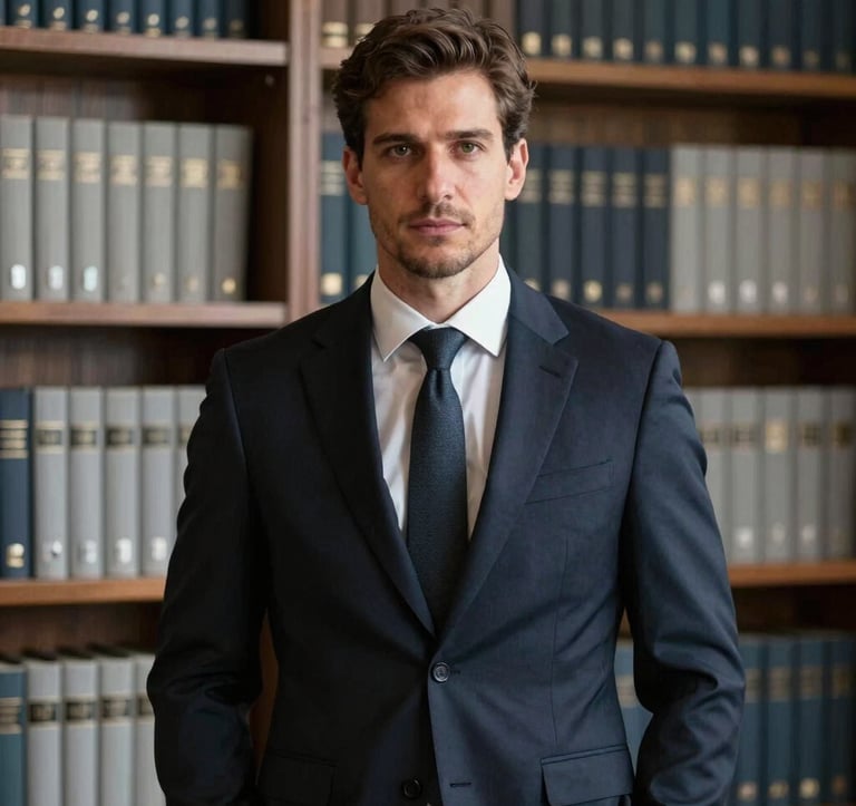 A refined portrait of a male legal expert in a sophisticated dark navy suit. He is standing in a library with muted mahogany shelves and pale grey book spines. Soft, focused lighting highlighting a calm and serious Western European professional.