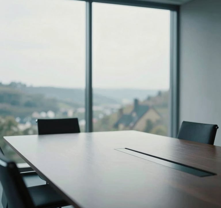 A blurred, artistic shot of a high-end, minimalist conference room with a view over the Alzette valley in Luxembourg. Only the silhouette of a modern chair and a clean desk are visible. Muted slate blue and off-white color palette. Understated elegance.