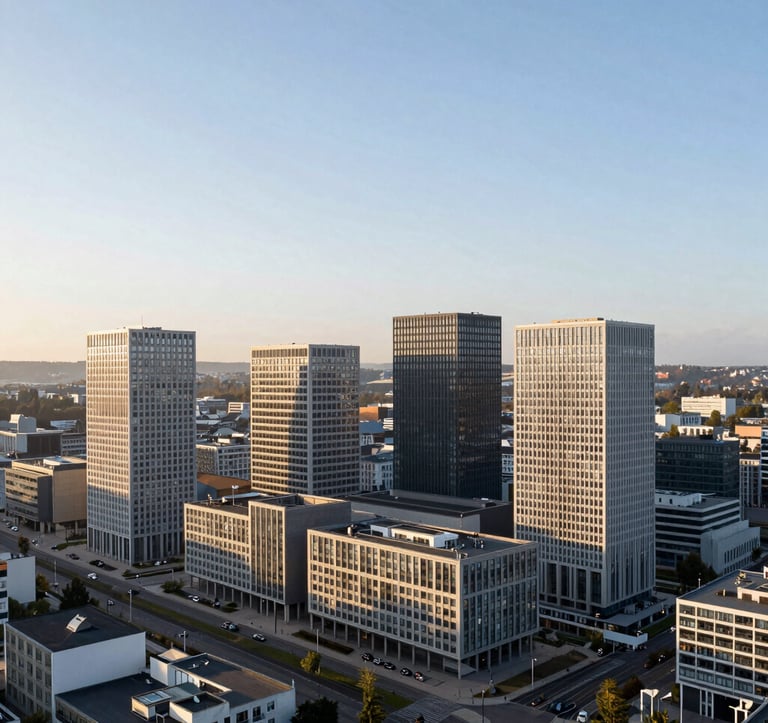 A serene, aerial view of the Kirchberg financial district in Luxembourg. The composition is clean and focused on the sharp lines of the European institutions and modern bank headquarters. Soft morning light, featuring slate blue and off-white tones.